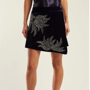 Embroidered velvet wrap mini skirt